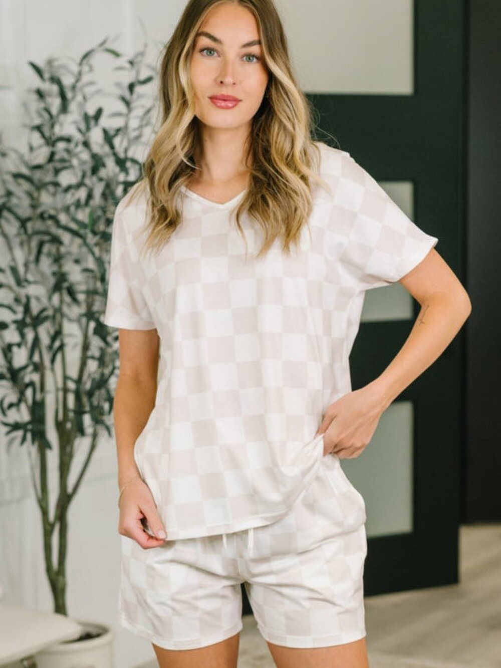 Checkered White and Beige Short and Top Outfit Set Size Medium